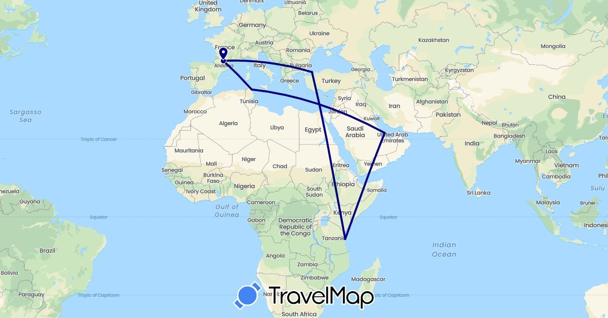 TravelMap itinerary: driving in France, Qatar, Tunisia, Turkey, Tanzania (Africa, Asia, Europe)